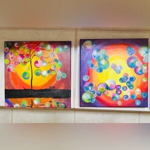 Acrylic Painting Set of 2 8” x 8”. “Memories Shine” 2022. Handmade Art w/ COA